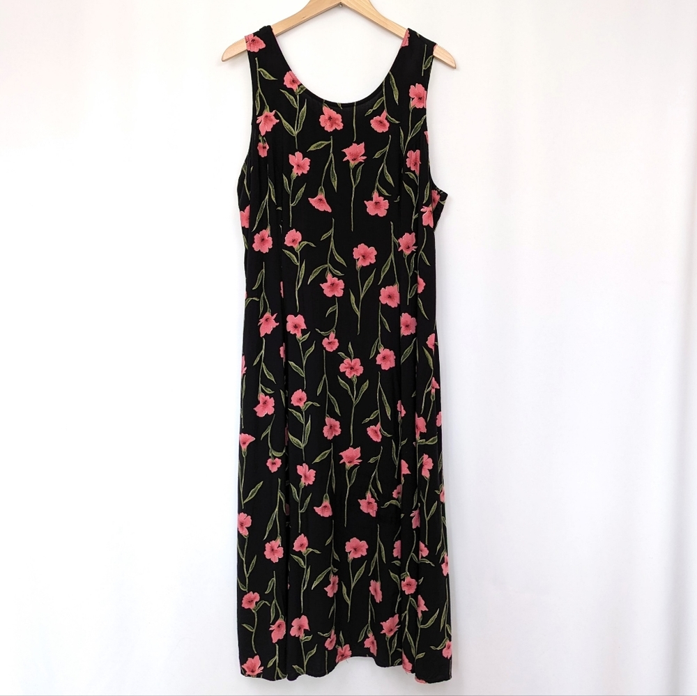 Vintage Floral Tank Dress Midi Maxi Cottage Retro Romantic Sleeveless Black 18